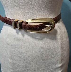 Elegant Genuine Lizard Skin Belt with Sculptural Gold Buckle